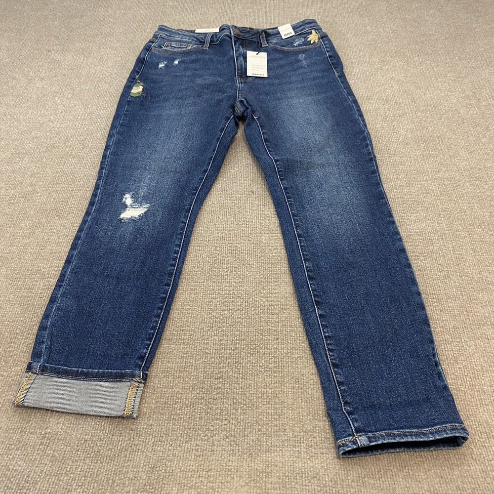Judy Blue Boyfriend Jeans Womens 11/30 Med Wash High Rise Distressed Floral Boho